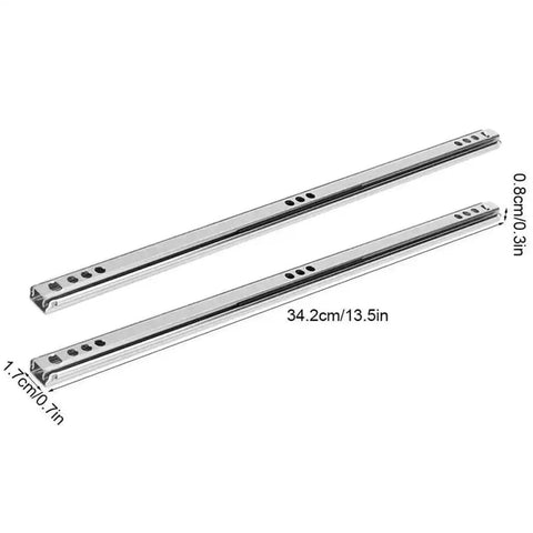 Full Extension Drawer Slides Set, 2 Pieces, 342mm Length, Galvanized Cold Rolled Steel, shown with dimensions, for cabinets.