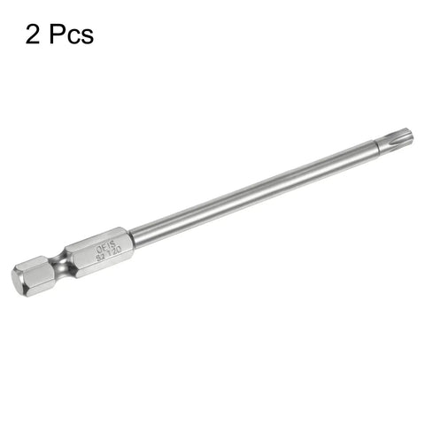Badass T20 Security Torx Bits Featuring Four Inch S2 Steel Magnetic Drive Tips With One Quarter Inch Hex Shank for heavy duty use.
