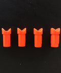 Four orange half-moon arrow nocks for 7.6mm ID bolts, part of the Half Moon Arrow Nocks 50 Pack Plastic Crossbow Nocks.