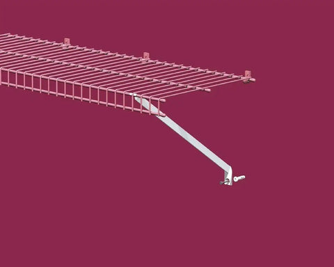 Sturdy Wire Shelf Support Brackets for 16 Inch Deep Shelves 12 Pack with Anchors and Pins, white bracket mounted under wire shelving.