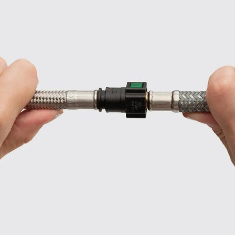 Hands connecting Pull-Down Kitchen Faucet Hose In Chrome Small Size, No-Fuss Flexible Replacement Supply Line For Spray Heads