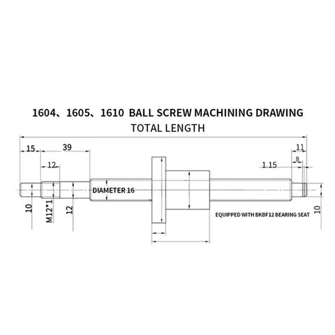 Ball screw machining drawing for 1604, 1605, 1610 dimensions, showing diameter and total length specifications.