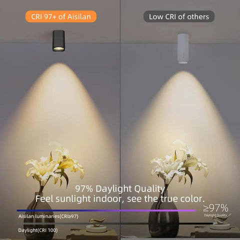 Comparison of CRI ratings, left spotlight is Slick Four Pack Aluminum LED Ceiling Spotlight Downlight 7W 3000K Warm White High CRI 93 Built To Last