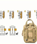 Tan MOLLE pouch attachment instructions next to a beige pouch, part of 293 Piece First Aid Kit Set With MOLLE Pouches For Outdoor Activities.