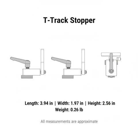 Diagram of One Pack Aluminum T Track Stopper For Router Table And Table Saw, sized 3.9 x 2.0 x 2.6 inches, side and top views