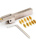 Heavy Duty Nickel Plated Right Hand Indexable Lathe Parting Grooving Holder With GTN 2 QC1402 Carbide Inserts And 10 Pieces Cut Off Tool Shank Size One Half By Three Eighths Inch For Precise Depth Of Cut And Center Height Built For Tough Jobs