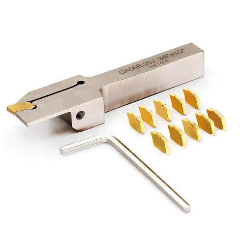 Heavy Duty Nickel Plated Right Hand Indexable Lathe Parting Grooving Holder With GTN 2 QC1402 Carbide Inserts And 10 Pieces Cut Off Tool Shank Size One Half By Three Eighths Inch For Precise Depth Of Cut And Center Height Built For Tough Jobs
