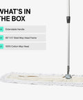 Heavy Duty Commercial Cotton Dust Mop, 60 Inch Wide Floor Sweeper For Warehouses And Gyms showing extendable handle, steel mop frame, and cotton head.