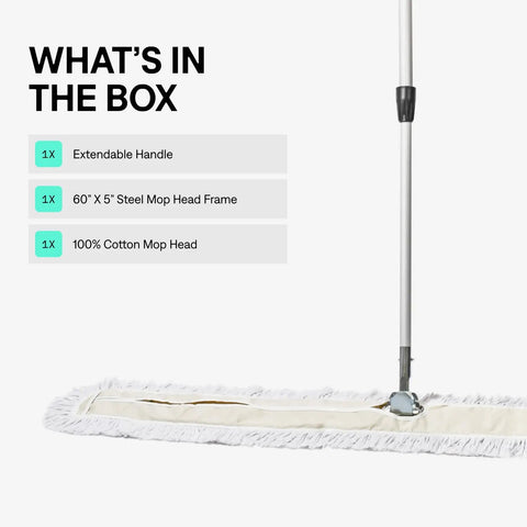 Heavy Duty Commercial Cotton Dust Mop, 60 Inch Wide Floor Sweeper For Warehouses And Gyms showing extendable handle, steel mop frame, and cotton head.