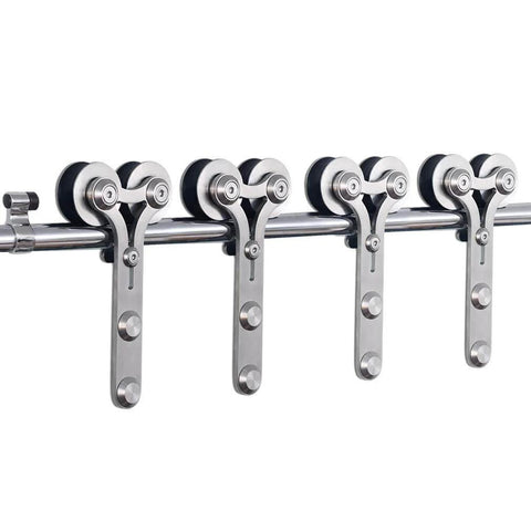 16ft Barn Door Hardware Sliding Track Kit Stainless Steel Heavy Duty For Double Wood Doors With Y Shape Hangers shown