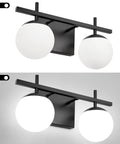 Two Light Black Vanity Light Fixtures With White Frosted Glass Globes Modern Mid Century Wall Sconces for Bathroom Off and On View