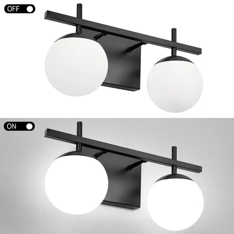 Two Light Black Vanity Light Fixtures With White Frosted Glass Globes Modern Mid Century Wall Sconces for Bathroom Off and On View