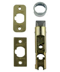 Six-Way Adjustable Plain Latch in Polished Brass with interchangeable faceplates and components laid out
