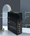 Beefy Industrial 8 Port Gigabit POE Plus Ethernet Switch With DIN Rail Mount, showing ports and aluminum housing, -40 to 75°C range.