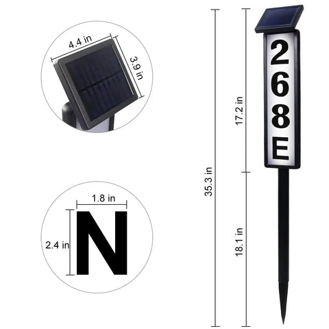 Solar Address Sign Lighted Outdoor House Numbers Plaque Waterproof No Fuss Setup with dimensions and solar panel detail