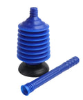 Heavy Duty Toilet Plunger Slays Stubborn Bathroom Clogs Quickly Without Breaking A Sweat Using Legit High Pressure Suction And Ergonomic Grip Handle, blue rubber head with black base.