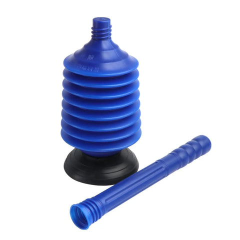 Heavy Duty Toilet Plunger Slays Stubborn Bathroom Clogs Quickly Without Breaking A Sweat Using Legit High Pressure Suction And Ergonomic Grip Handle, blue rubber head with black base.
