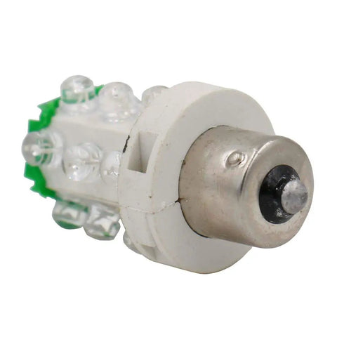Close-up of a 24V Green LED Bulb from a 5-pack for Industrial Signal Indicator Systems, featuring metal and plastic components.
