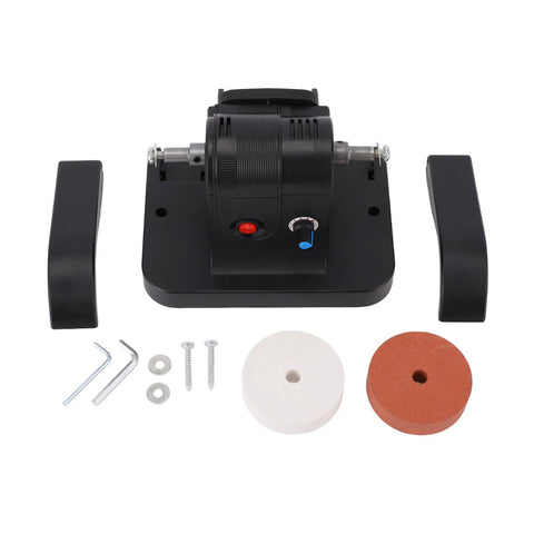 Focket Mini Belt Sander 100W Adjustable Speed Cordless Bench Grinder With Four Non Slip Foot Pads and accessories laid out.