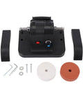 Hamwesh Mini Belt Sander With 100W Pure Copper Motor Cordless Bench Grinder showing the motor and accessories on a black base.