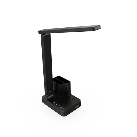 LED Desk Lamp For Home Office With USB Ports And AC Outlet, Dimmable Eye Care Light, Touch Control, black design with pen holder