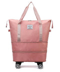 Expandable Travel Tote Bag With Trolley Sleeve And Wheels, Waterproof Oxford Duffel, Two Layer Expansion From 14 Inches To 22 Inches
