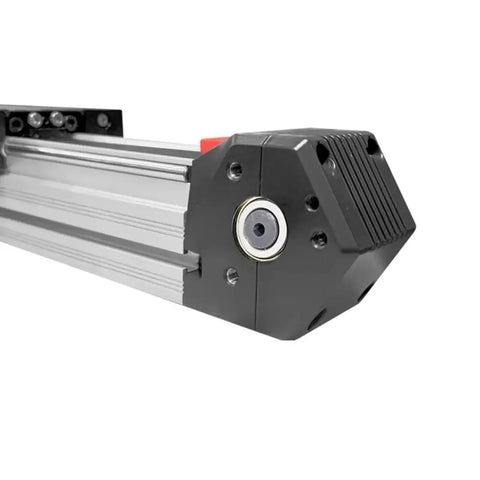 Top Tier Dual Axis Electric Linear Actuator Xyz Precision Stage Featuring Hella Smooth Belt Drive end view showing aluminum profile and drive motor.