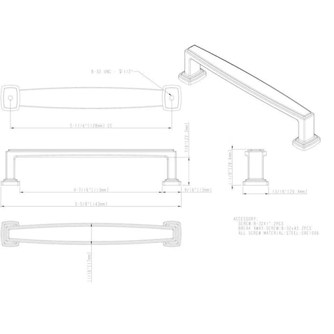 Technical diagram of Richard Cabinet Pull Satin Bronze 128 Mm Center To Center With Stately Step Profile and soft square shape.