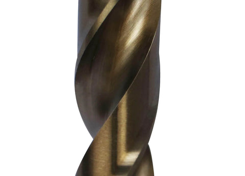M42 cobalt twist drill bit, gold-coated, close-up view of twisted flutes.