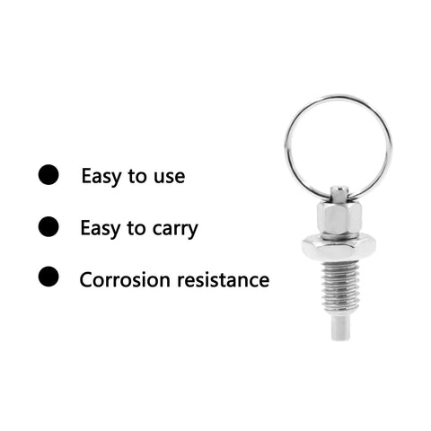 Top Shelf Stainless Steel Spring Plunger With Pull Ring showing corrosion-resistant design and easy-to-carry pull ring.