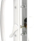 White Diecast Keyed Sliding Patio Door Handle Set With 10 Inch Pull Reversible For Left Or Right Sliding Doors Durable Diecast Construction No Fuss Mounting With Standard On Center Mounting Holes Ideal For Quick Replacement Single Pack. Close-up view of handle and key mechanism.