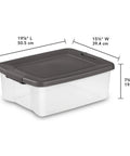 18 Pack Plastic Storage Bins With Lids 25 Quart Gray Shelf Totes Heavy Duty Durable Clear Containers Fits Standard Shelving Made In Usa side view of a single gray lid storage bin with dimensions