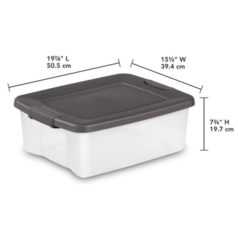 18 Pack Plastic Storage Bins With Lids 25 Quart Gray Shelf Totes Heavy Duty Durable Clear Containers Fits Standard Shelving Made In Usa side view of a single gray lid storage bin with dimensions