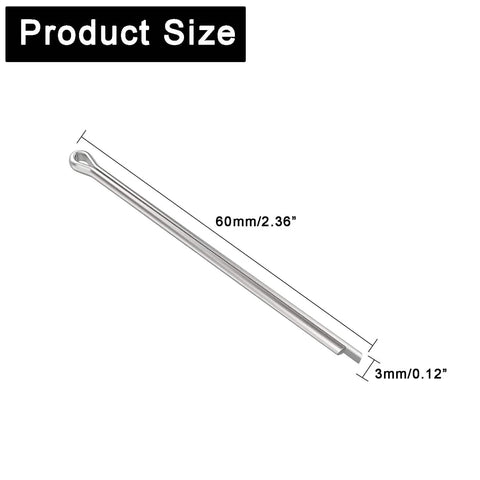 20 Pcs Cotter Pin Set M3 X 60Mm Zinc Plated Hairpin Clips For Lawn Mowers And Garden Equipment, showing size dimensions.