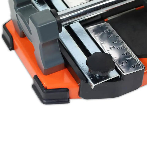 Close-up of 25 Inch Manual Tile Cutter for Ceramic and Porcelain Tiles with tungsten carbide wheel and removable scale.