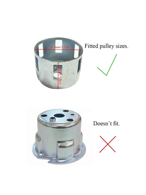 Recoil Pull Start Assembly With 47mm Pulley Cup; Fitting guide showing compatible and non-compatible pulley sizes for Honda small engines.