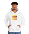 Man wearing Cozy Hooded Sweatshirt With Sunset Molokai Hawaii Outrigger Canoe Art Made From 100 Percent US Grown Cotton