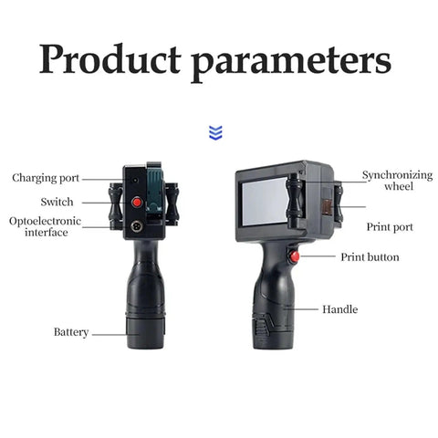 Product parameters of Portable Inkjet Label Printer With 12.7mm Tape Roll showing charging port, print button, and more.