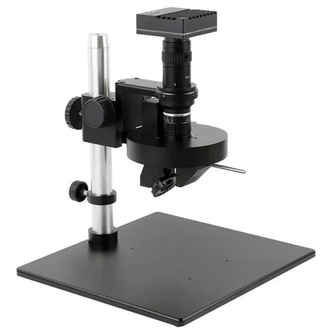 4K HDMI Video Microscope Kit With Auto Motorized 360 Degree Rotation And 2D 3D Stereo Lens 0.6x To 5x Zoom 200x Magnification Pro Grade Measurement Camera For Precision Inspection And Lab Work mounted on stand with base