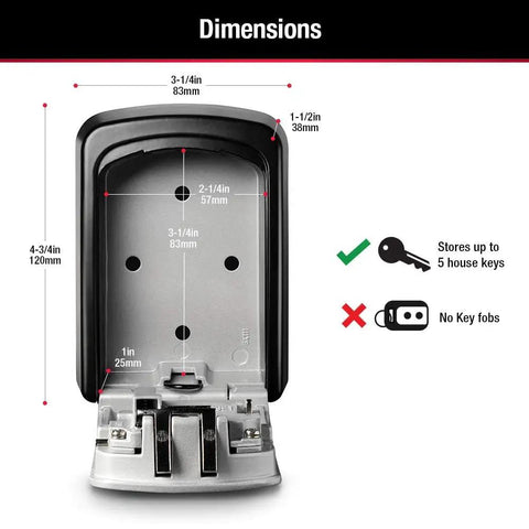 Set Your Own Four Digit Combo Wall Mount Key Lock Box With Five Key Capacity dimensions and key storage illustration