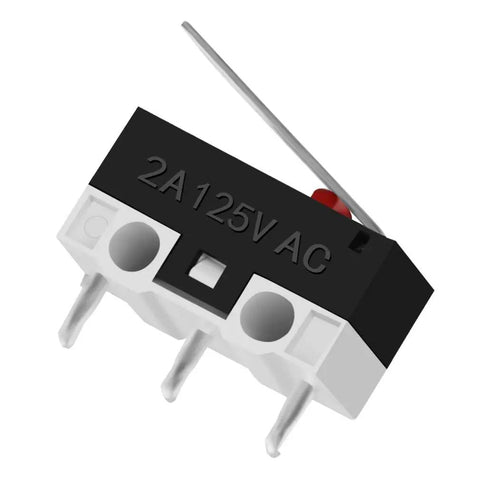 AC 125V 2A Micro SPDT Limit Switch with long hinge lever, 3 pin rocker style, black and white compact design, side view