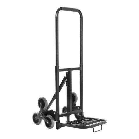Foldable Hand Truck With Triangular Three Wheel Design For Heavy Duty Lifts Up To 550 Lbs Dual Purpose Cart For Flat Surfaces And Stairs Large Carry Base 12.99 By 15.55 Inches Easy Fold Rugged Utility Dolly, black steel frame