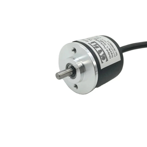 Ultra Compact GHS30 Open Collector NPN Output Rotary Encoder With 4mm Shaft, 100 To 1024 Pulses Per Revolution, 500 PPR, Built For Tight Spaces, Dope For DIY Robotic Projects And Precise Motion Sensing. silver metal encoder with 4mm shaft and cable