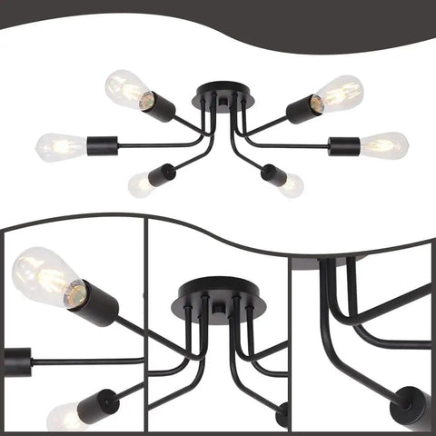 Six Light Semi Flush Mount Sputnik Ceiling Light Fixture Slick Black Metal Chandelier With E26 Base for living room