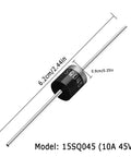 25 Pack 15SQ045 Schottky Diodes For High Current Rectification, 15 Amp 45 Volt Axial Silicon Diodes With Low Forward Voltage, Low Leakage And High Surge Capability, Ideal For Solar Panels, Charger Circuits, Power Supplies, shown with size markings