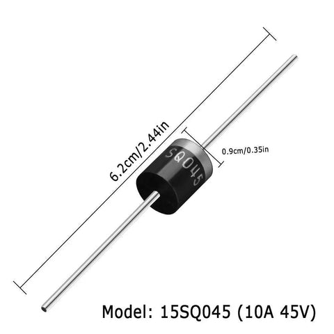 25 Pack 15SQ045 Schottky Diodes For High Current Rectification, 15 Amp 45 Volt Axial Silicon Diodes With Low Forward Voltage, Low Leakage And High Surge Capability, Ideal For Solar Panels, Charger Circuits, Power Supplies, shown with size markings