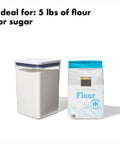Keep It Fresh With Airtight Pop Containers, 4.4 Qt Capacity, shown containing flour beside a flour pack, ideal for pantry use