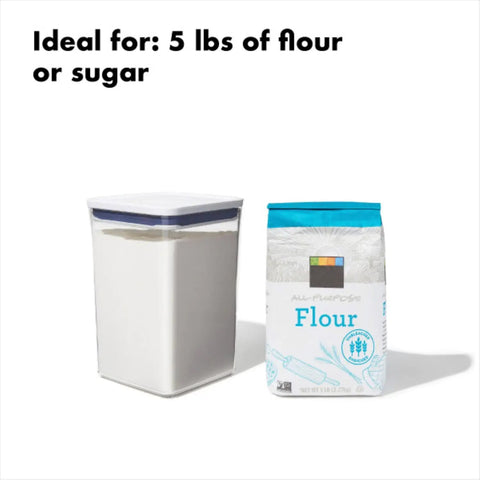 Keep It Fresh With Airtight Pop Containers, 4.4 Qt Capacity, shown containing flour beside a flour pack, ideal for pantry use