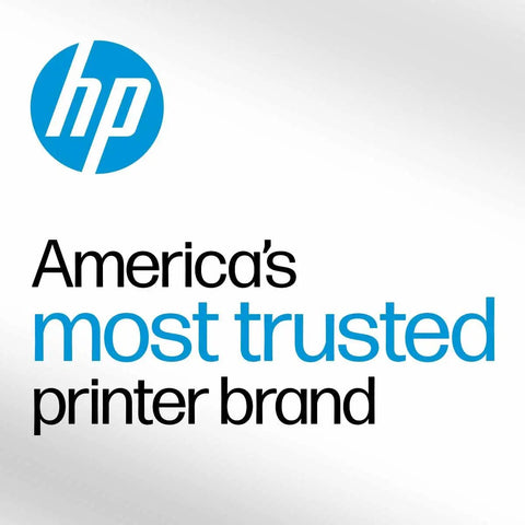HP logo with text 'America's most trusted printer brand' in blue and black on a white background.