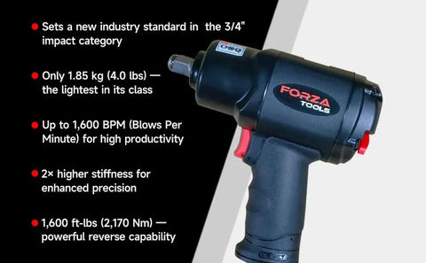 Heavy Duty Three Quarter Inch Magnesium Air Impact Wrench with lightweight design and high torque for professional use.